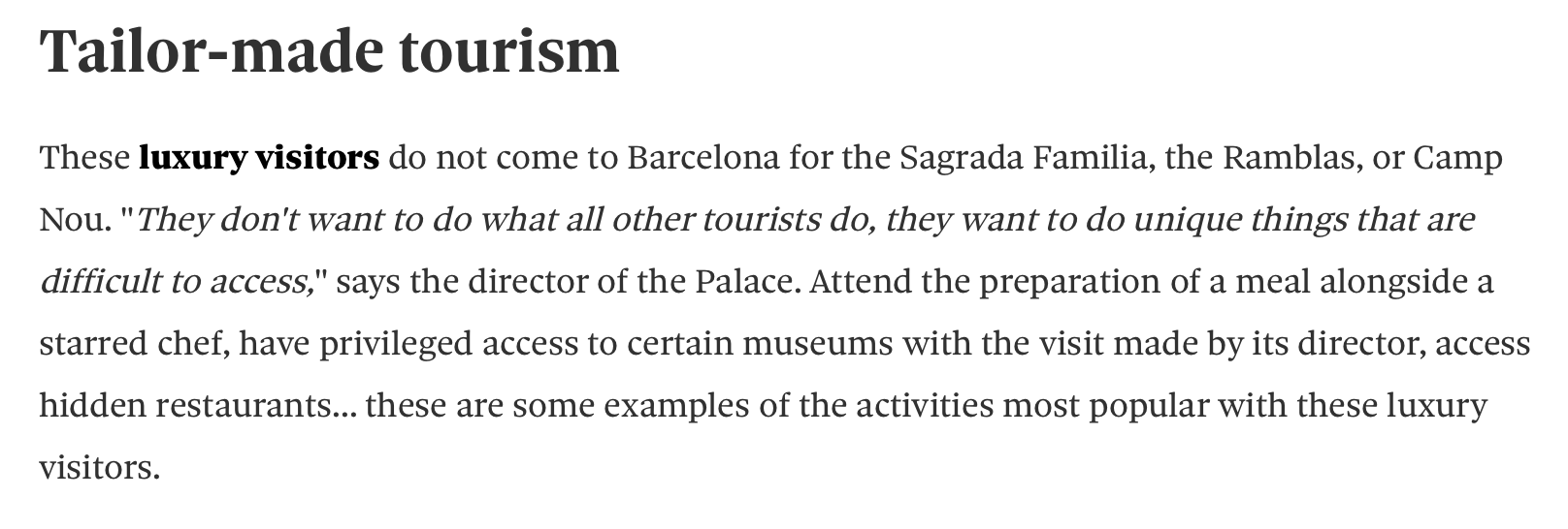 Tailor made tourism Barcelona Equinox magazine article repost by prospectors